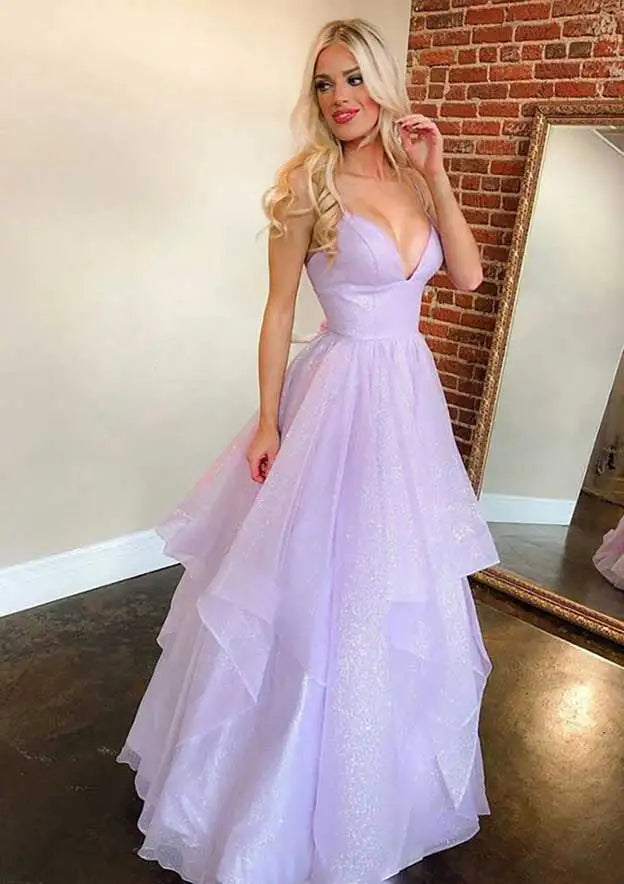 2025 Arabic Lilac Elegant Spaghetti Strap Backless A-Line Prom Dress for Women | Wedding Party LA72676
