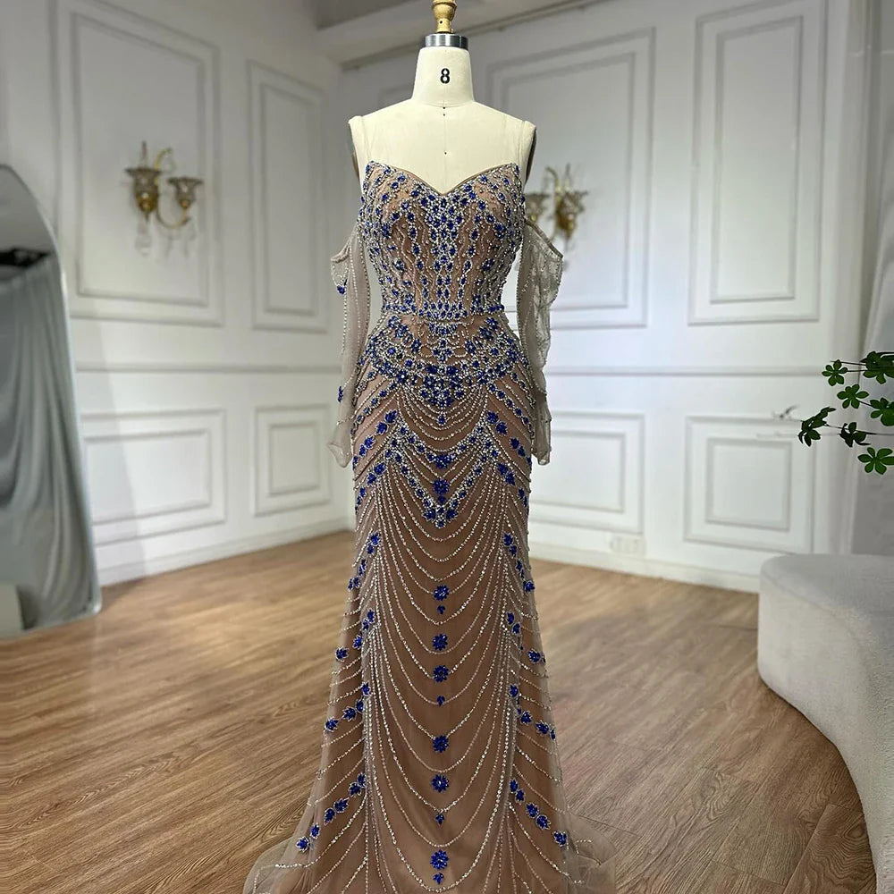 Luxuriöses blaues Abendkleid mit Perlen für formelle Anlässe LA72858