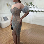 Silver Nude Strapless Mermaid Open Split Sexy Evening Dresses Luxury Beaded Tassel Party Gowns For Women LA72083