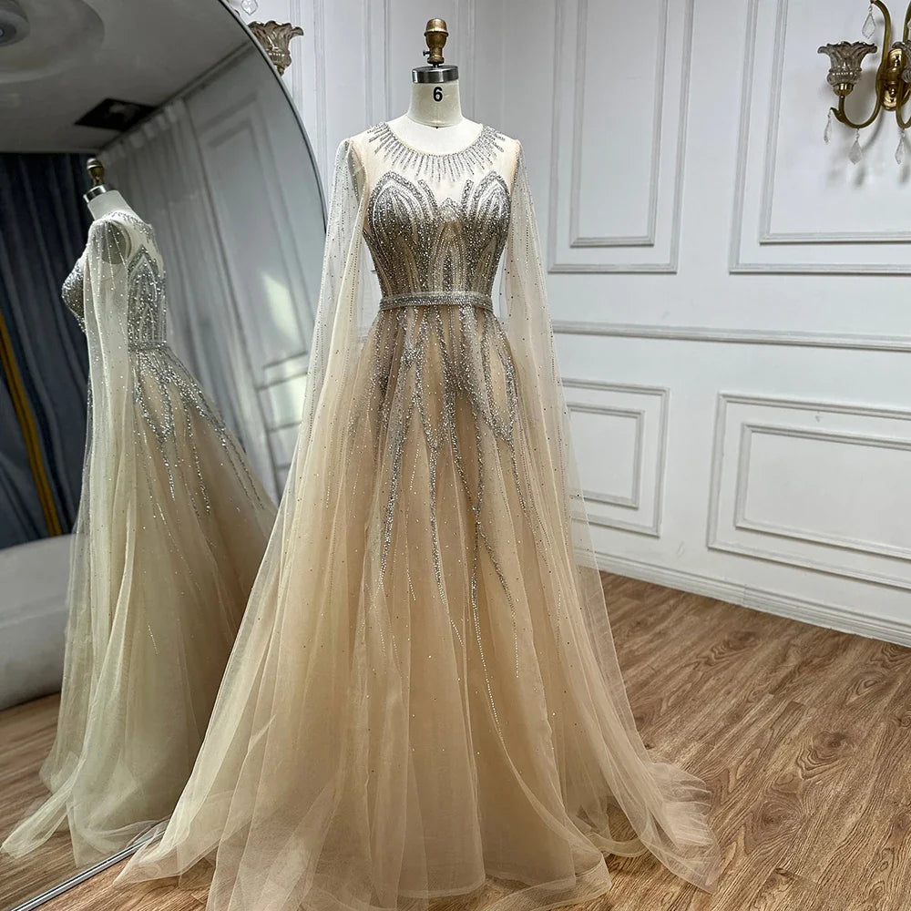 2025 Nude Blue Elegant A-Line Beaded Long Arabic Evening Dresses Gowns with Cape Sleeves for Formal Occasion LA72785