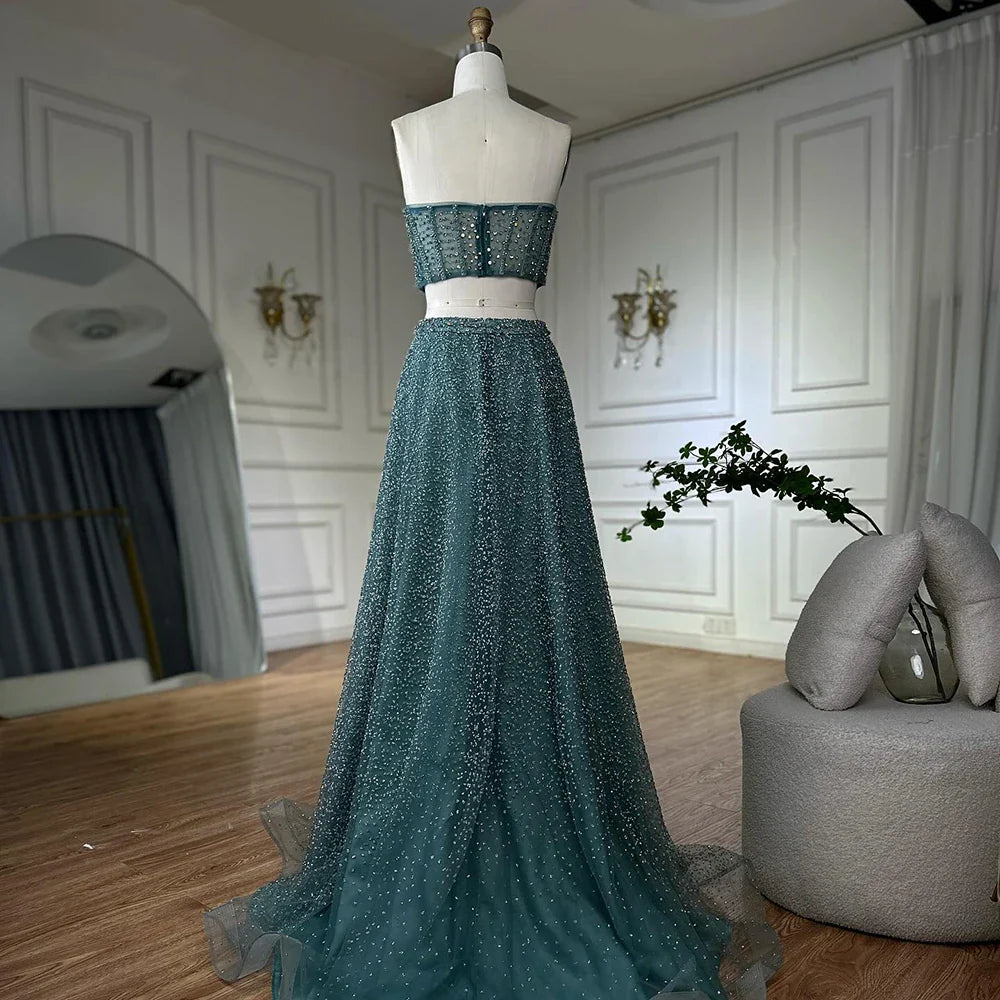 Vestido de noche turquesa saudí de dos piezas, sin tirantes y con abertura alta, para ocasiones formales (2025, LA72786) 