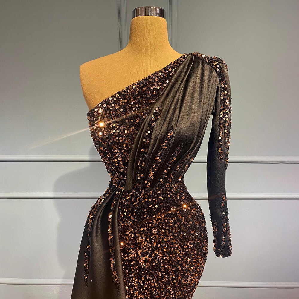 Vestido de noche negro de sirena con un solo hombro, con lentejuelas, de lujo, elegante, para mujer, fiesta, LA71542 
