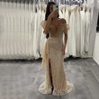 2025 Saudi Blue Beaded Off-Shoulder Mermaid Evening Gown with Side Split for Formal Occasion LA72867