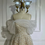 Vestido de noche largo azul árabe con hombros descubiertos y cuentas, elegante, corte A, para ocasiones formales, LA72009A