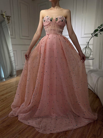 Vestido de noche de tul ilusión sin mangas con flores de colores y perlas, moda playera LA6490