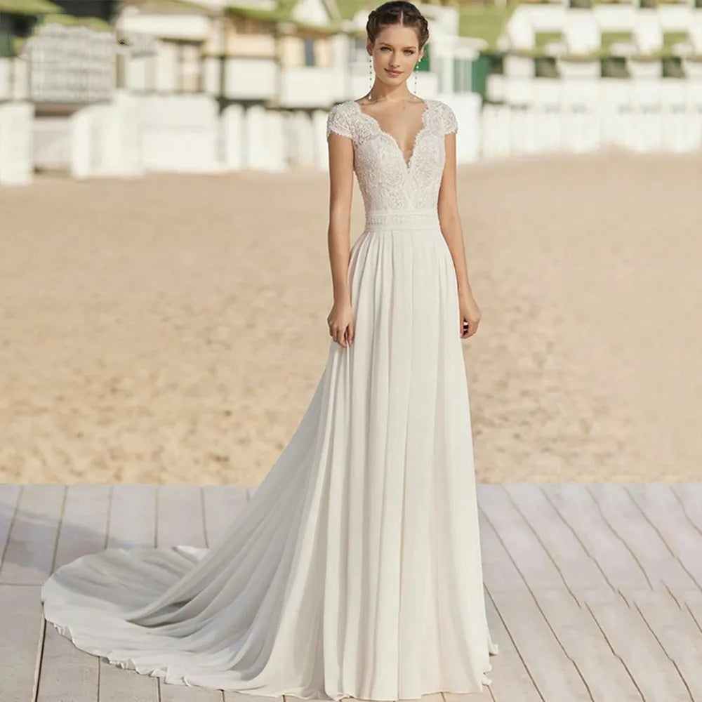 Bohemian V Neck Chiffon Wedding Dresses Short Sleeve Illusion Buttons Back Lace Vestido De Noiva Robe De Mariee-payinti