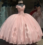 Süßes Rosa Off The Shoulder Tüll LaceAppliques Ballkleid Quinceanera Kleid Y7728