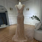 2025 Arabisch Blau Elegante Split Meerjungfrau Perlen Federn Lange Abendkleider Kleider für Formelle Anlässe LA72742 