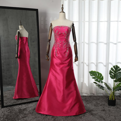 Vestido de noche árabe fucsia de satén con escote sirena, sin tirantes y chaqueta con cuentas, para mujer, boda, fiesta, LA71896 