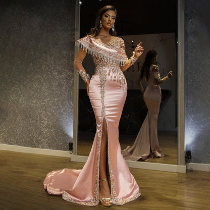 Vestidos de noche musulmanes de sirena de satén rosa, elegantes vestidos de lujo con cuentas para mujer, fiesta LA71530 