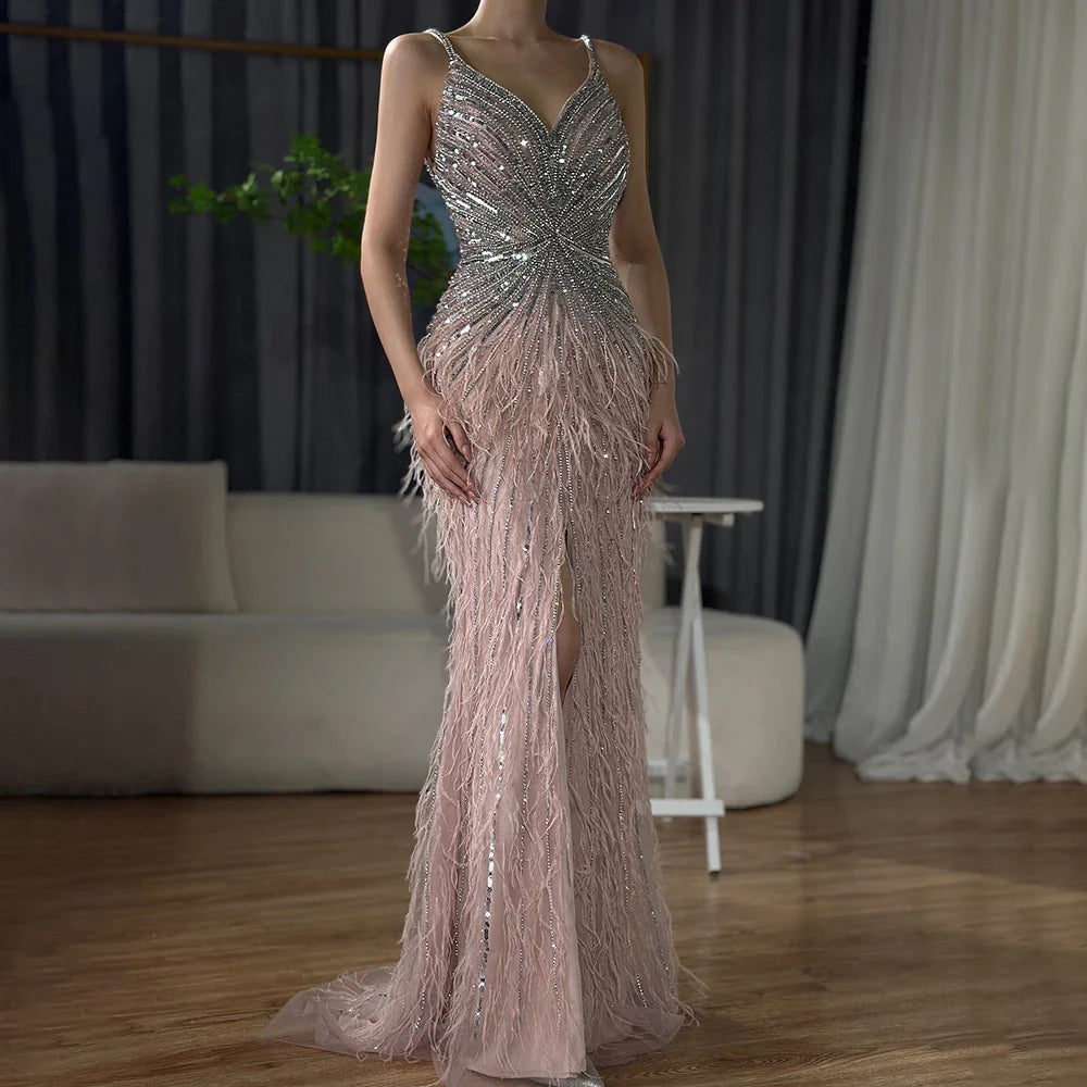 Vestido de noche estilo sirena árabe con tirantes finos, plumas divididas y cuentas, para mujer, para boda, fiesta, 2025, LA70623 