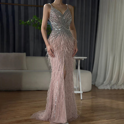 Vestido de noche estilo sirena árabe con tirantes finos, plumas divididas y cuentas, para mujer, para boda, fiesta, 2025, LA70623 