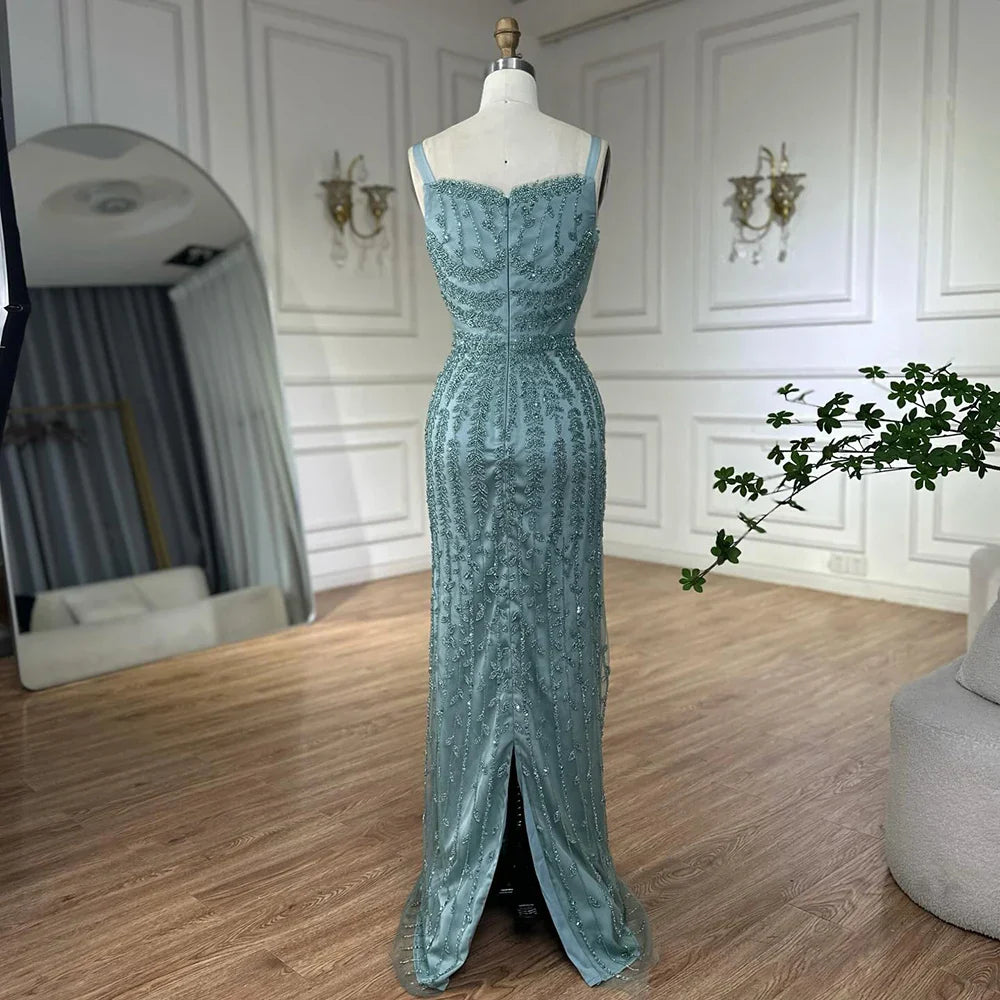 2025 Arabisches blaues Meerjungfrauenkleid mit Spaghettiträgern, luxuriöses perlenbesetztes Abendkleid aus Saudi-Arabien für formelle Anlässe LA72725 