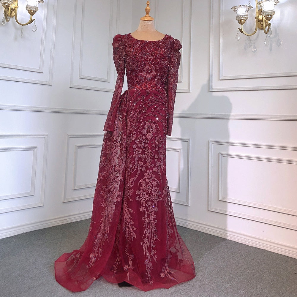Muslimischen Braun Luxus Abendkleider Kleider 2025 Perlen Meerjungfrau Überrock Elegante Für Frauen Party LA71610