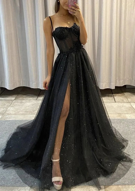 2025 Arabic Black A-Line Sweetheart Spaghetti Straps Tulle Glitter Prom Dress with Appliqué for Women's Party LA72689