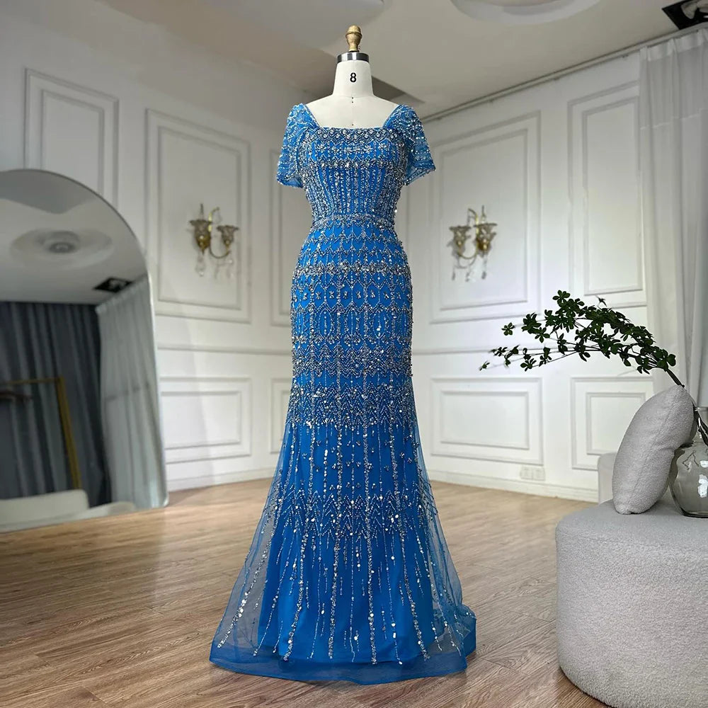 Vestido de noche árabe blanco de lujo estilo sirena de Dubái con mangas cortas LA72714
