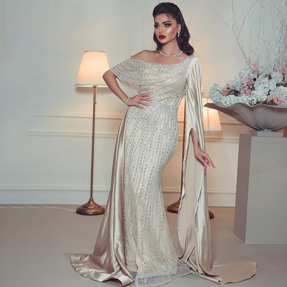 Vestido de noche elegante de sirena con un hombro al descubierto y mangas estilo capa en beige, 2025, con cuentas, de lujo, para mujer, fiesta, LA71694 