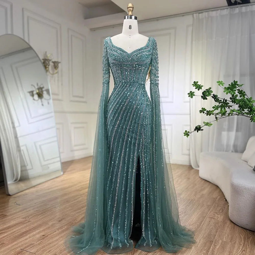 Vestido de noche azul de corte sirena con escote corazón y sobrefalda de cuentas - Vestidos de lujo para bodas de mujer 2025 LA72314 