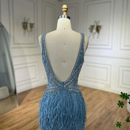 Vestido de noche dorado sexy de sirena con abertura alta, sin espalda, de lujo, con cuentas y plumas, 2025, para mujer, fiesta LA71583 