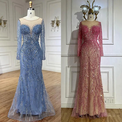 Blau Elegante Meerjungfrau Dubai Arabien Luxus Perlen Perlen Abendkleider Kleider 2025 Für Frauen Hochzeit Party LA72264 