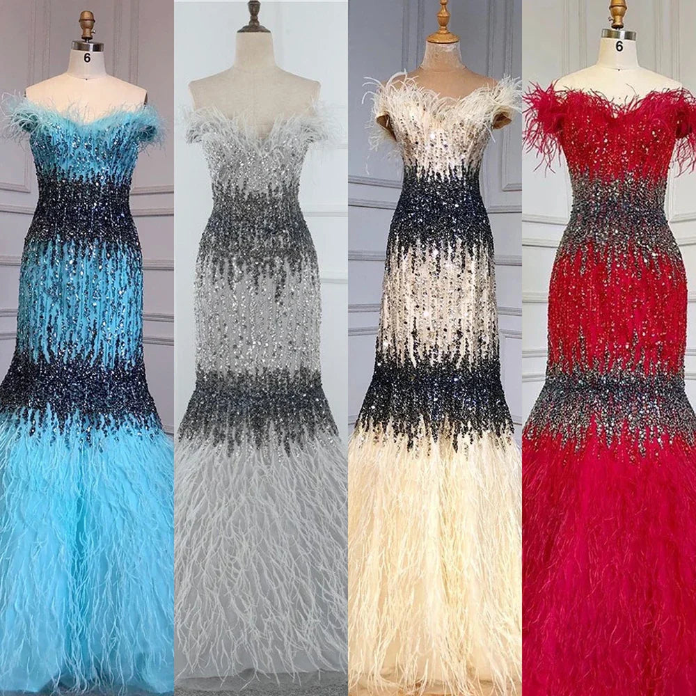 Vestidos de noche de sirena sexys de color rosa de Dubái, diseño de lujo con plumas de cristal, sin mangas, vestidos formales 2025 LA70242 