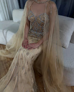 2025 Nude Saudi Evening Gown Mermaid Detachable Cape Sleeves Luxury Beaded Dress for Formal Occasion LA72716