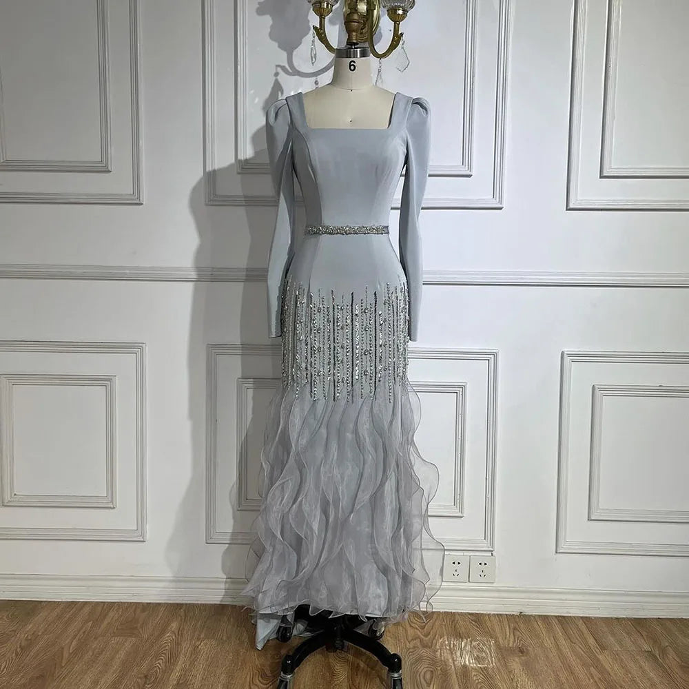 Elegante vestido de noche de satén con cuentas, estilo sirena, color gris árabe, largo hasta los tobillos, para mujer, fiesta 2025 LA72317 