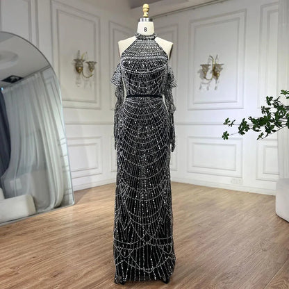 Vestidos de noche de lujo de Dubái Arabia 2025 para mujer, corte sirena color piel con guantes para bodas LA72032A 