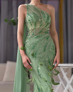 2025 Arabic Green One Shoulder Beaded Feathers Luxury Evening Gowns with Side Cape Shawl for Women's Party LA72698
