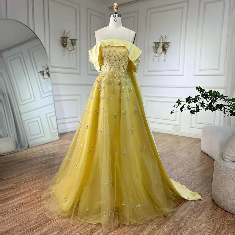 Luxus Dubai Arabisch Gelb Elegante Boot-ausschnitt Lange Abendkleid Perlen Party Kleid für frauen Hochzeit LA72531 