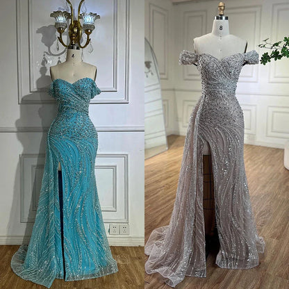 Silbernes, hautfarbenes Meerjungfrau-Abendkleid mit hohem Schlitz und Perlenbesatz LA72262