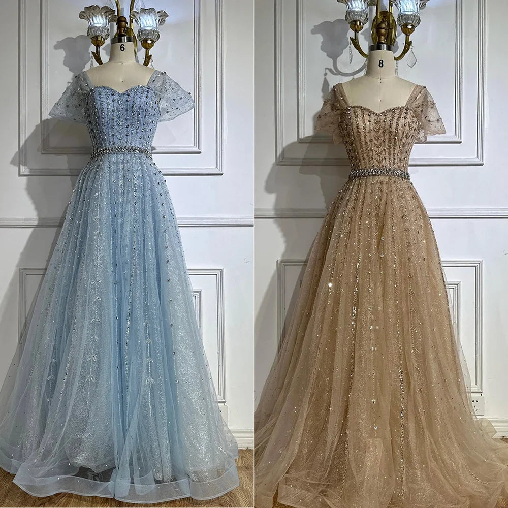 Vestido de noche azul corte A con cuentas y espalda descubierta LA72834