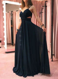 Schwarze Spaghettiträger Chiffon Langes Ballkleid Schlichtes Abendkleid S6167
