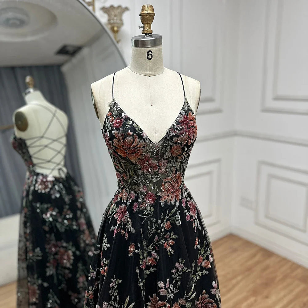 2025 Spaghetti Strap A-Line Black Beaded Luxury Prom Dress for Formal Occasion Saudi Arabic LA72773