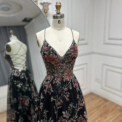 2025 Spaghetti Strap A-Line Black Beaded Luxury Prom Dress for Formal Occasion Saudi Arabic LA72773