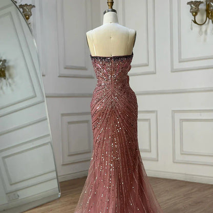 2025 Saudi Arabic Pink Strapless Mermaid Evening Dress with High Split for Formal Occasion LA72480