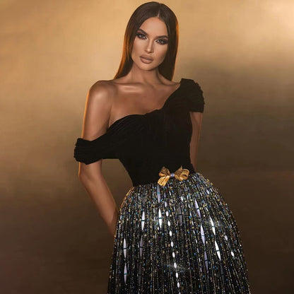 Vestido de noche negro de corte A, sexy, de un solo hombro, con cuentas brillantes, de lujo, para mujer, para fiesta 2025 LA71826