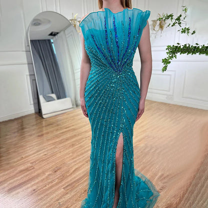 Vestido de noche de sirena con hombros descubiertos y abertura alta, sexy, color caramelo, con cuentas, para mujer, boda, fiesta, LA72049 