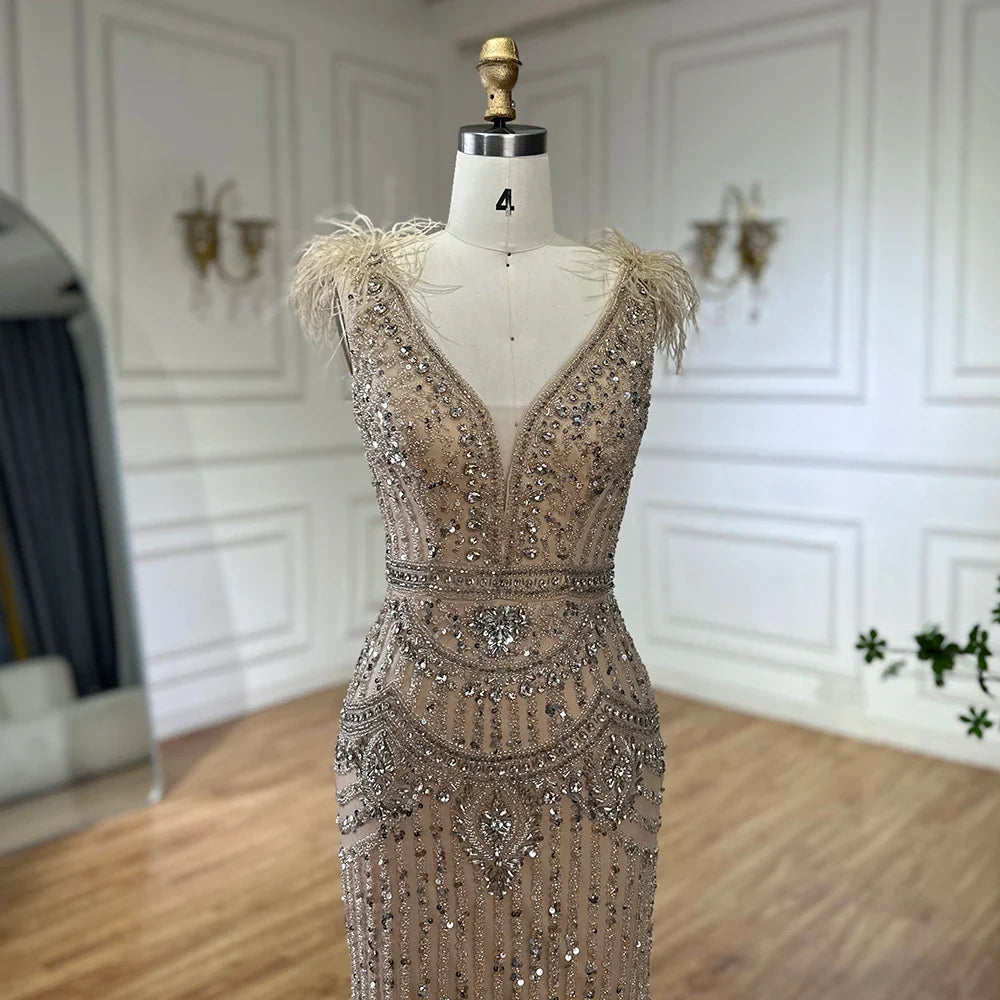 2025 Arabic Blue Elegant Split Mermaid Beaded Feathers Long Evening Dresses Gowns for Formal Occasion LA72742