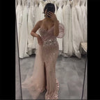 Rosa, perlenbesetztes One-Shoulder-Meerjungfrauen-Abendkleid mit Schlitz und Tülldetail für formelle Anlässe LA72888 2025
