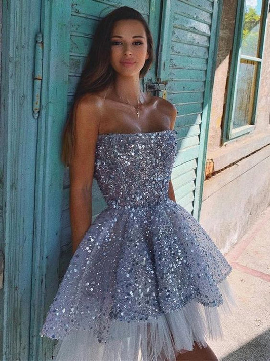 Rückenfreies A-Linien-Heimkehrkleid aus glitzerndem Paillettentüll S6497