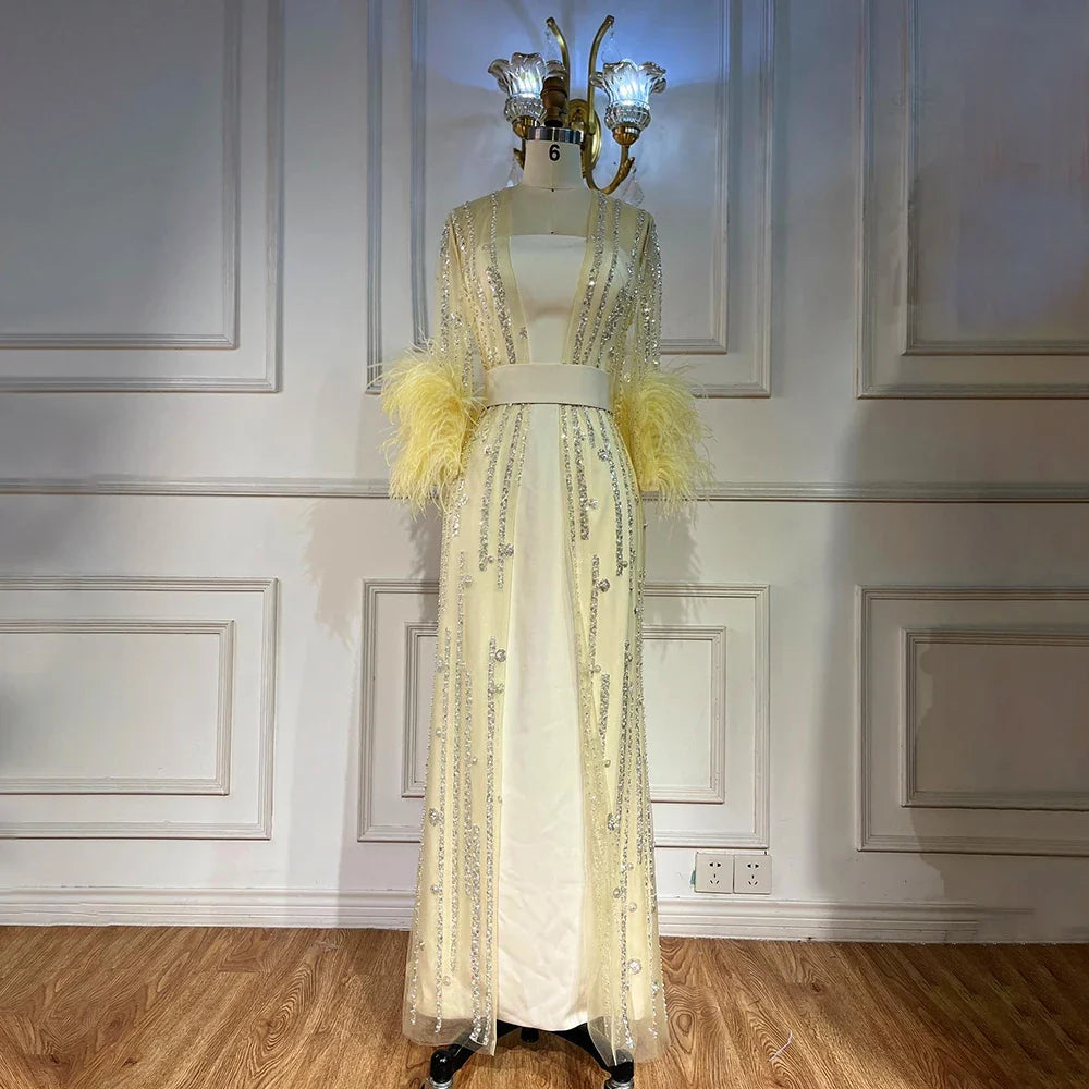 Vestido de noche marroquí con plumas y cuentas, corte A, color crema, con chaqueta, para fiesta, LA71759 