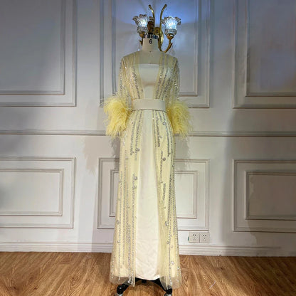 Vestido de noche marroquí con plumas y cuentas, corte A, color crema, con chaqueta, para fiesta, LA71759 