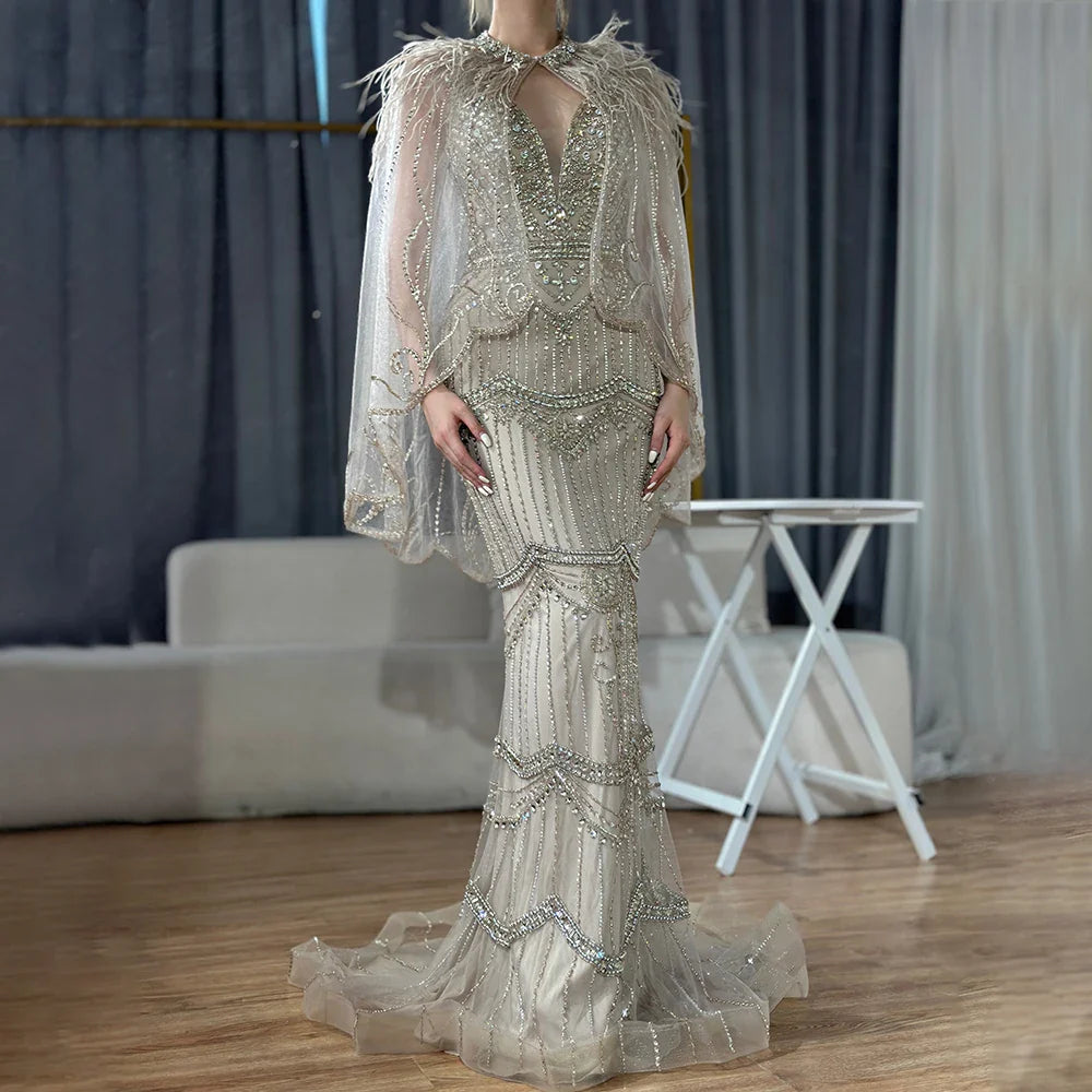 Vestido de noche sexy color piel, color plata, con escote en V, estilo sirena, sin mangas, con plumas, chal, hilo y diamantes, LA70171B 