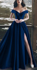 Vestidos de noche azul marino largos de satén con abertura en el cuello S6535
