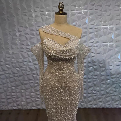 2025 Arab White Nude One Shoulder Mermaid Evening Dress - Elegant Luxury Gown with Beaded for Women's Party LA7236
