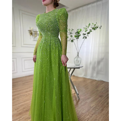 Grünes Meerjungfrauen-Abendkleid mit Perlenbesatz und Rockärmeln LA71762 