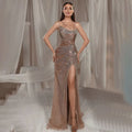 Vestidos de noche de lujo de Dubái con escote sirena, tirantes finos y cuentas, color caramelo, para mujer, para fiesta de bodas 2025 LA72579 