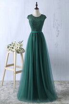 Vestido de noche largo con cuello redondo y encaje de tul verde, vestido formal sencillo S6796