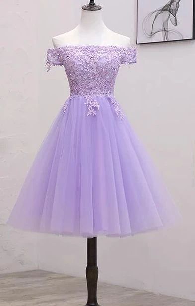 Hellviolettes schulterfreies Homecoming-Kleid aus Spitze und Tüll S11189
